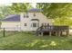 Backyard with a private wooden deck, fenced yard, and mature trees, perfect for outdoor entertaining at 540 W Juniper Ave, Wake Forest, NC 27587