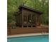 Poolside view of a modern home with brick foundation surrounded by green trees at 612 Greenwood Rd, Chapel Hill, NC 27514