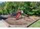 Well-maintained playground with colorful equipment and a wood chip surface, surrounded by green trees at 108 Ellsworth Pl, Chapel Hill, NC 27516