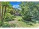 Lush backyard with mature trees, manicured lawn, and vibrant foliage at 10909 Raven Rock Dr, Raleigh, NC 27614