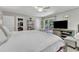This Primary bedroom features a ceiling fan, access to a private deck, and an entertainment center at 10909 Raven Rock Dr, Raleigh, NC 27614