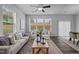 Living room features hardwood floors, large windows, comfortable seating, ceiling fan, and a center table at 1136 Longitude Dr, Durham, NC 27713