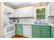 Bright kitchen features white cabinets, subway tile backsplash, and green painted lower cabinets at 200 W Woodcroft Pkwy # 52A, Durham, NC 27713