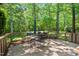Serene backyard patio with outdoor seating, surrounded by lush greenery and mature trees at 202 Oak Tree Dr, Chapel Hill, NC 27517