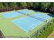 Overhead view of blue tennis courts, surrounded by lush greenery, offering a great recreational space at 2030 Prairie Ridge Ct, Fuquay Varina, NC 27526