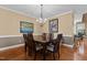 Dining room area featuring hardwood floors, chandelier, and seating for six at 2503 Saint Pauls Sq, Raleigh, NC 27614