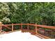 Wooden deck with railing surrounded by lush trees and greenery at 303 Middleham Dr, Rolesville, NC 27571