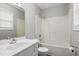 Bright bathroom featuring a tub-shower combo, white vanity, and a neutral color palette at 308 Sandy Knob Ln, Rocky Mount, NC 27803