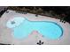 Overhead aerial view of a kidney bean shaped pool with lifeguard chair and lounge chairs nearby at 5016 Trembath Ln, Cary, NC 27519