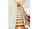 A staircase with wooden steps, white risers, and a decorative iron railing leads to the upper level of the home at 5016 Trembath Ln, Cary, NC 27519
