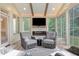 Cozy sunroom with a fireplace, TV, and comfortable seating perfect for relaxing at 6648 Mafolie Ct, Raleigh, NC 27613