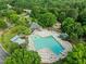 Aerial view of the community pool with swimming lanes, lounge chairs, sun umbrellas, and verdant surroundings at 1013 New Chester Ct, Apex, NC 27502