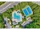Aerial showing the community pool and tennis courts close to roadways and parking at 105 Wittenham Dr, Cary, NC 27519