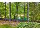 Backyard with trees and a lake with a fountain at 105 Wittenham Dr, Cary, NC 27519