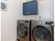 Laundry room with navy blue cabinets, patterned wallpaper, and modern washer and dryer at 1427 Van Page Blvd, Raleigh, NC 27607