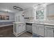Kitchen with stainless steel appliances, gray cabinets, and a mosaic tile backsplash at 2705 Kempsford Pl, Raleigh, NC 27604