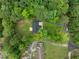 Aerial view of a property showcasing mature trees, the house footprint, driveway and surrounding greenery at 5020 Mimosa Dr, Durham, NC 27713