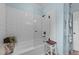 Modern bathroom showcasing a subway tile shower, glass partition, and a sleek, functional design at 5308 Stableview Ct, Holly Springs, NC 27540