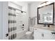 Bathroom featuring a bathtub, shower with a gray and white curtain, toilet, vanity, and a granite countertop sink at 901 Del Webb Manor Ave, Wake Forest, NC 27587