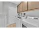 This laundry room features a modern washer and dryer with upper cabinets at 1109 Agio Ct, Zebulon, NC 27597