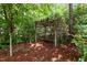 Secluded backyard retreat featuring a charming bench swing, set amidst lush greenery at 1224 Wedgeland Dr, Raleigh, NC 27615