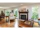 Comfortable living room with hardwood floors, fireplace, natural light, and views to the outdoor landscape at 1514 John Jones Rd, Bahama, NC 27503