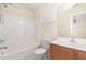 Bright bathroom featuring a shower-tub, toilet, vanity with sink, and ample mirror space at 2111 Piney Brook Rd # 101, Raleigh, NC 27614