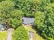 Aerial view featuring a charming house nestled among lush trees, providing a serene and private setting at 324 Waterside Dr, Sanford, NC 27330