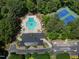 Aerial view of community amenities including a pool and tennis courts at 4817 Fox Branch Ct, Raleigh, NC 27614
