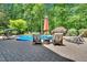 Backyard swimming pool with chairs, tables, and landscaping at 4817 Fox Branch Ct, Raleigh, NC 27614