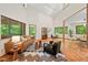 Bright living room with large windows offering natural views, hardwood floors, and comfortable seating at 6412 Heartwood Dr, Chapel Hill, NC 27516