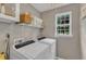 Well-lit laundry room with modern washer and dryer units, shelving, and a bright window providing natural light at 6828 Edwell Ct, Raleigh, NC 27617