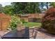 Landscaped backyard featuring a stone patio with dining area and a privacy fence at 800 E Forest Hills Blvd, Durham, NC 27707