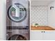 This laundry area features a stacked washer and dryer, white cabinetry, butcher block countertops, and a white tiled backsplash at 800 E Forest Hills Blvd, Durham, NC 27707
