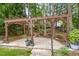 Tranquil backyard pergola with stone patio and seating amidst landscaped greenery at 8420 Caldbeck Dr, Raleigh, NC 27615