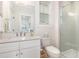 Well-lit bathroom with walk-in shower, white cabinets, and a modern vanity with stone countertop at 902 B Oakland Ave, Durham, NC 27705