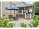 Outdoor patio with seating area, blue umbrella and access to the covered deck at 1008 Wolfs Bane Dr, Apex, NC 27539