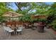 Outdoor patio with ample seating, dining area under umbrellas, brick accents and lush greenery, perfect for entertaining at 1015 Watts St, Durham, NC 27701