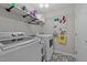 Laundry room with modern appliances, white shelving, and patterned tile floor, offering functionality and style at 105 Stoney Dr, Durham, NC 27703