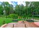 This backyard features a stone patio, complete with a stone fire pit and swing set at 108 Wilson Farm Ln, Clayton, NC 27527
