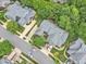 This aerial view displays a home surrounded by mature trees and manicured lawns in a peaceful, residential neighborhood at 11012 Southwalk Ln, Raleigh, NC 27614