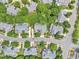 This aerial view showcases well-kept homes with mature trees and landscaping in an organized neighborhood layout at 11012 Southwalk Ln, Raleigh, NC 27614