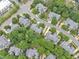 Aerial view showcases gray-roofed homes interspersed with mature trees and well-kept lawns in a tidy neighborhood setting at 11012 Southwalk Ln, Raleigh, NC 27614