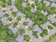 Aerial view of a suburban neighborhood featuring well-maintained homes, lush green trees, and neatly laid out streets at 11012 Southwalk Ln, Raleigh, NC 27614