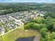 Community aerial view of homes, pool, and pond with surrounding trees at 1205 Quincy Cottage Rd, Hillsborough, NC 27278