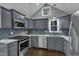 Well-appointed kitchen featuring stainless steel appliances and gray cabinetry at 1702 Falls Church Rd, Raleigh, NC 27609
