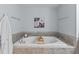 Soaking tub with tile surround, mounted faucet, and decorative artwork at 210 Mayfield Dr, Apex, NC 27539