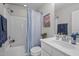 Cozy bathroom featuring a shower/tub combo and single sink vanity at 214 Cedar Elm Rd, Durham, NC 27713