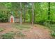 Backyard with mature trees, a shed, and plenty of space for outdoor activities at 3405 Bonaparte Way, Durham, NC 27707
