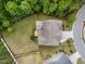 An aerial top-down view of home showing the roof and a large backyard with trees at 420 Creekhurst Pl, Cary, NC 27519